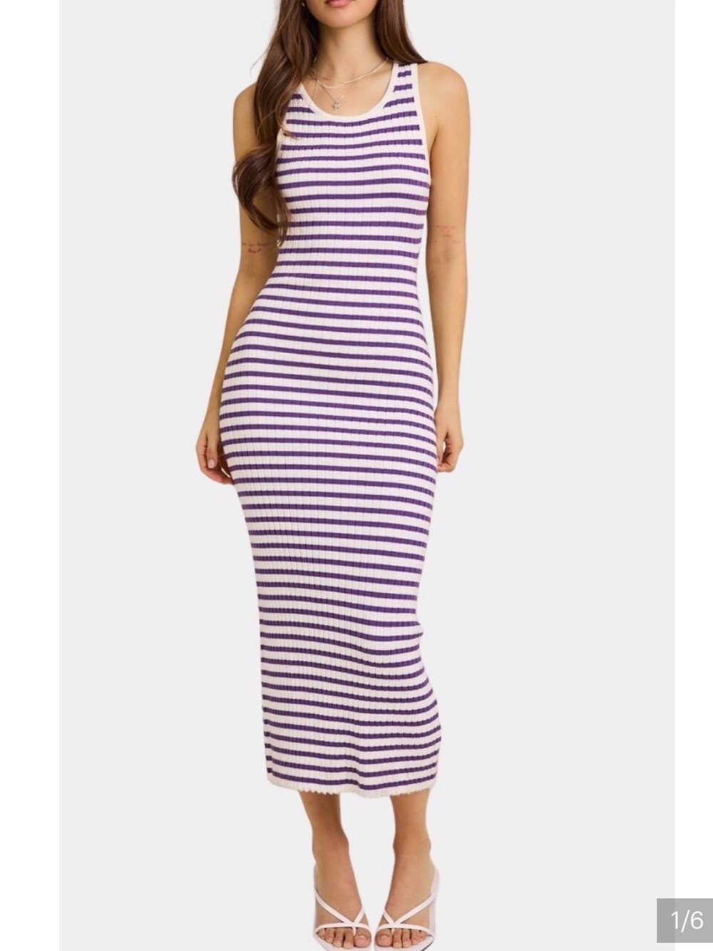 Hausen Amara Knit Midi Dress, Purple and White Stripes